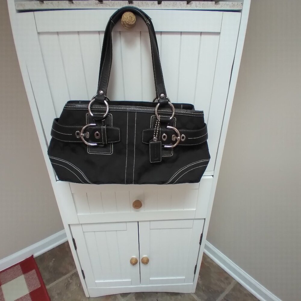 Black Canvas Coach Purse with Leather Trim